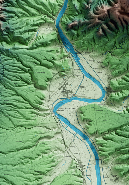 Mapa artístico del relieve de Xerta, al Baix Ebre, con 15 km de entorno y base topográfica ICGC. Detalle de la zona central.