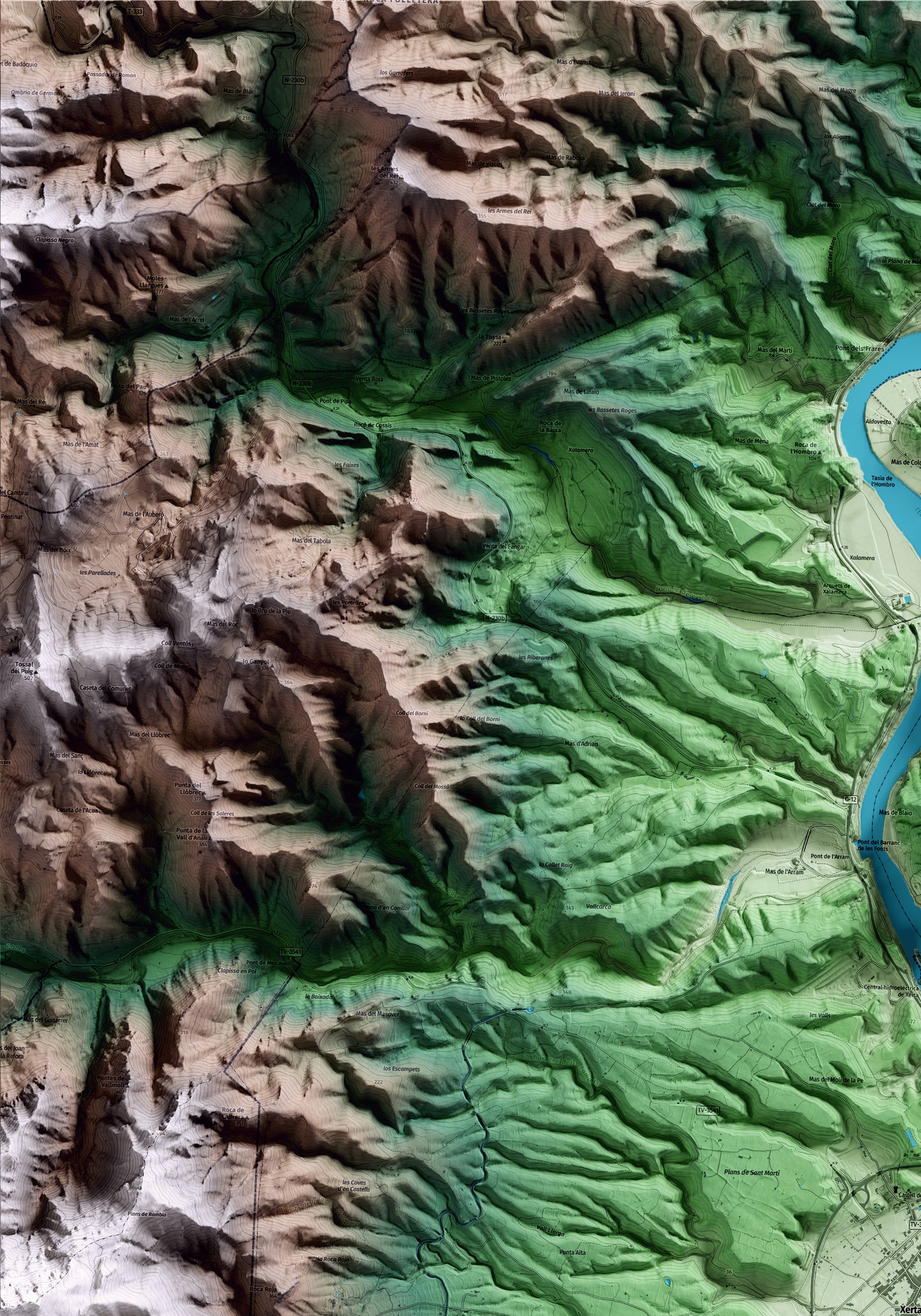 Mapa artístico del relieve de Xerta, al Baix Ebre, con 15 km de entorno y base topográfica ICGC. Detalle de la zona superior izquierda.