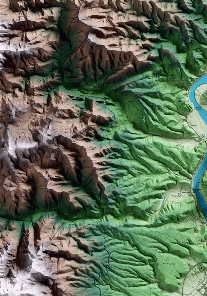 Mapa artístico del relieve de Xerta, al Baix Ebre, con 15 km de entorno y base topográfica ICGC. Detalle de la zona superior izquierda.