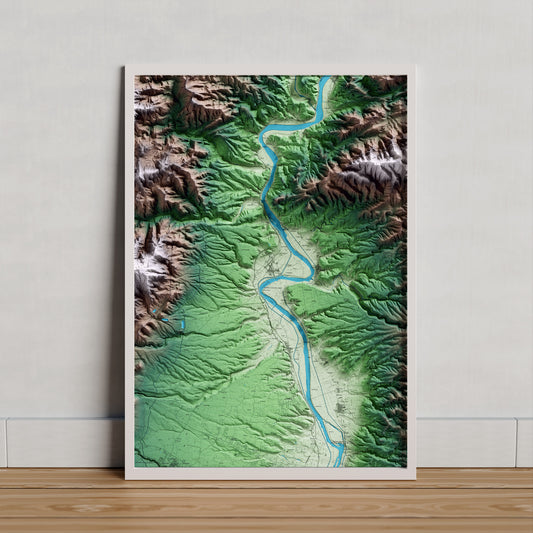 Mapa artístico del relieve de Xerta, al Baix Ebre, con 15 km de entorno y base topográfica ICGC. Presentación enmarcada.