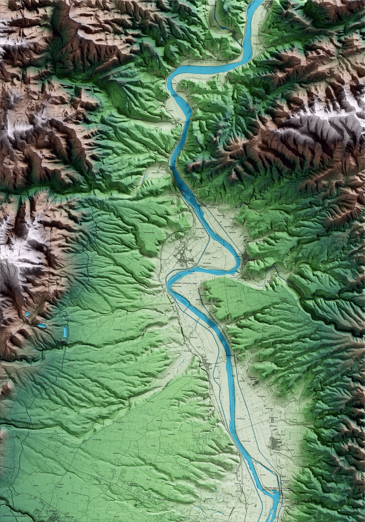 Mapa artístico del relieve de Xerta, al Baix Ebre, con 15 km de entorno y base topográfica ICGC
