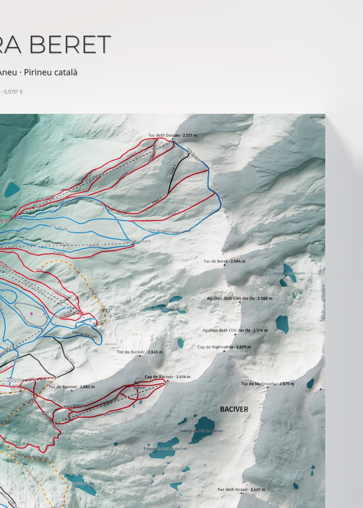 Mapa de pistas de Baqueira Beret · Alpina · 50 × 70 cm. Detalle del cuadrante superior derecho.