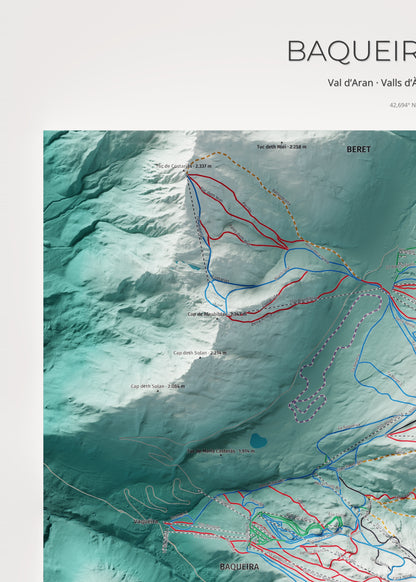 Mapa de pistas de Baqueira Beret · Alpina · 50 × 70 cm. Detalle del cuadrante superior izquierdo.
