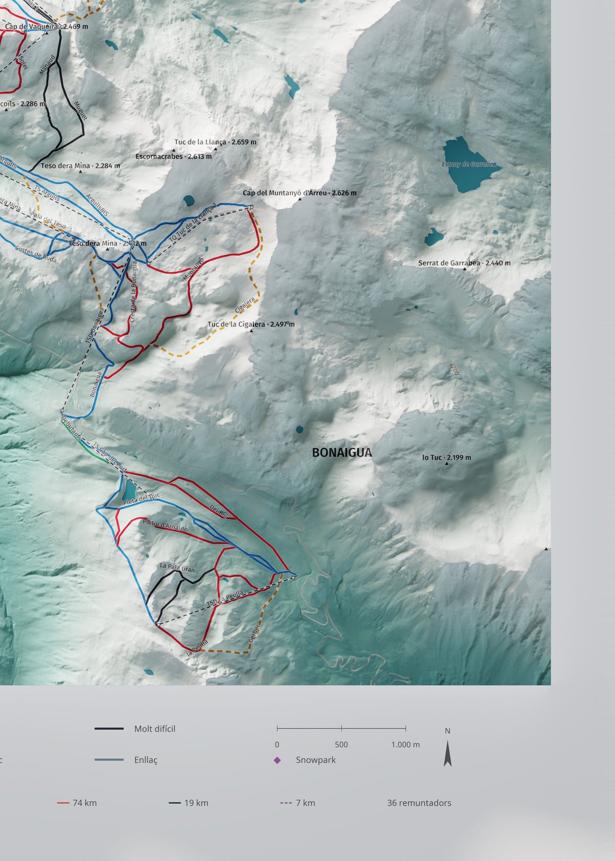 Mapa de pistas de Baqueira Beret · Alpina · 50 × 70 cm. Detalle del cuadrante inferior derecho.
