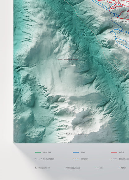 Mapa de pistas de Baqueira Beret · Alpina · 50 × 70 cm. Detalle del cuadrante inferior izquierdo.