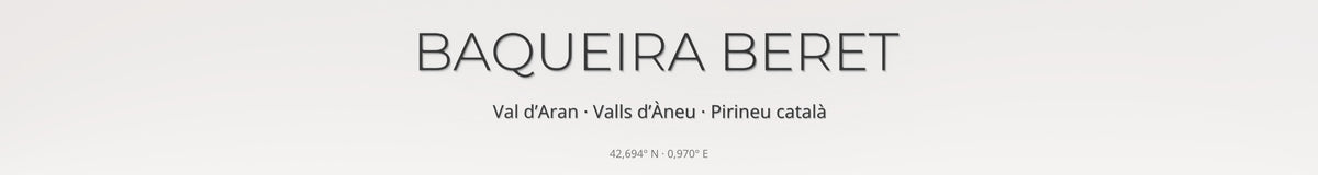 Mapa de pistas de Baqueira Beret · 50 × 70 cm. Detalle del título y las coordenadas.