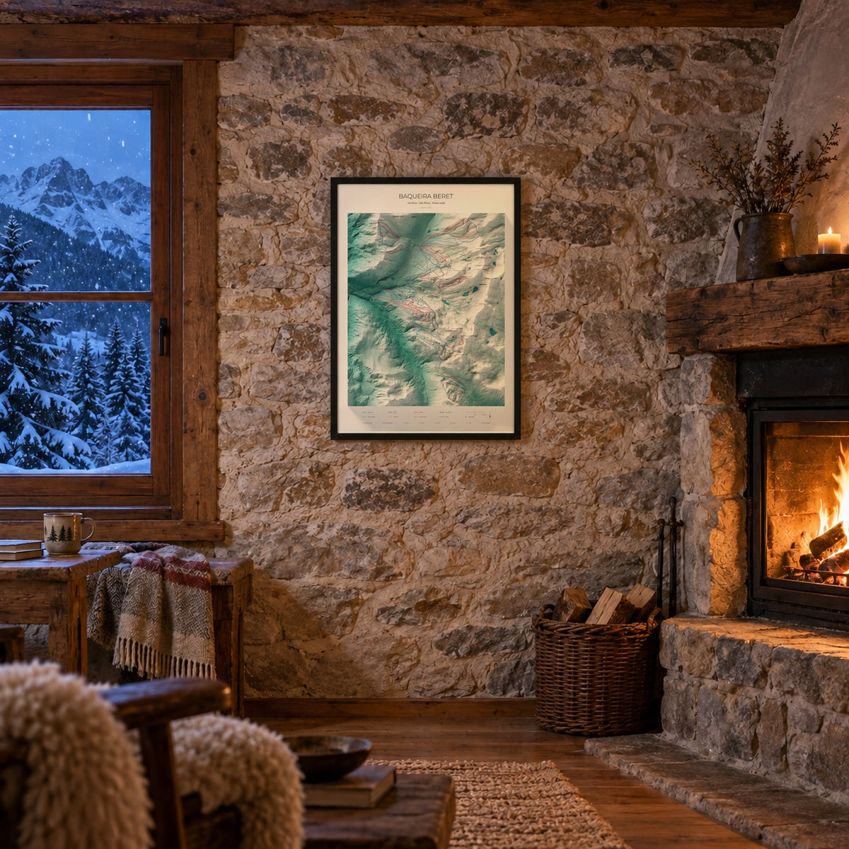 Mapa de pistas de Baqueira Beret · Alpina · 50 × 70 cm. Lámina enmarcada en la pared de piedra de un refugio con chimenea.
