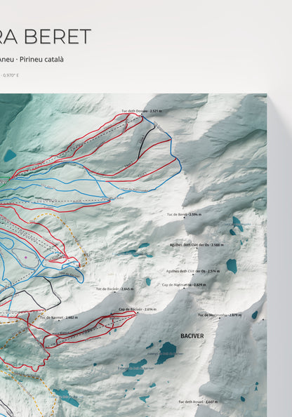 Mapa de pistas de Baqueira Beret · Alpina · 70 × 100 cm. Detalle del cuadrante superior derecho.