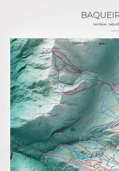 Mapa de pistas de Baqueira Beret · Alpina · 70 × 100 cm. Detalle del cuadrante superior izquierdo.