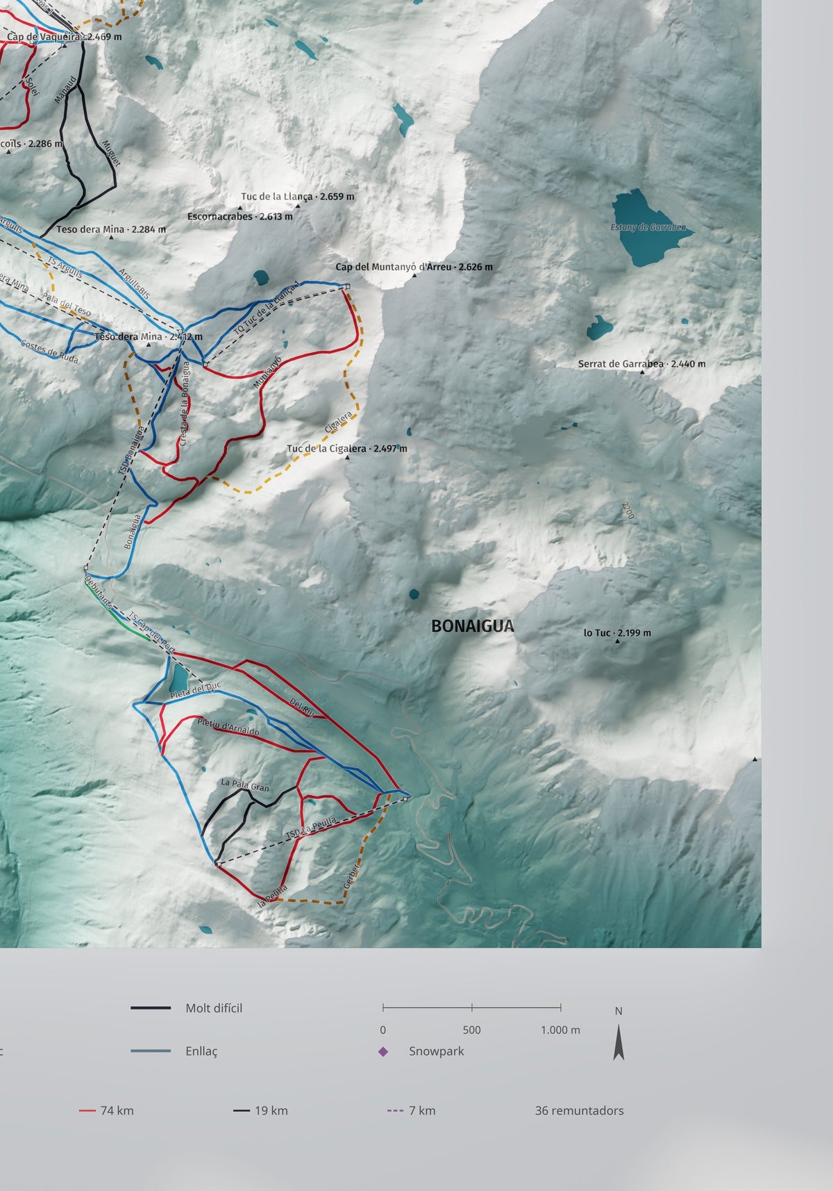 Mapa de pistas de Baqueira Beret · Alpina · 70 × 100 cm. Detalle del cuadrante inferior derecho.