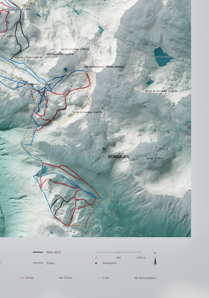 Mapa de pistas de Baqueira Beret · Alpina · 70 × 100 cm. Detalle del cuadrante inferior derecho.