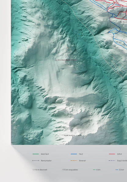 Mapa de pistas de Baqueira Beret · Alpina · 70 × 100 cm. Detalle del cuadrante inferior izquierdo.