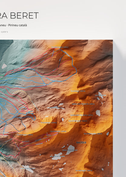 Mapa de pistas de Baqueira Beret · Contrastado · 50 × 70 cm. Detalle del cuadrante superior derecho.