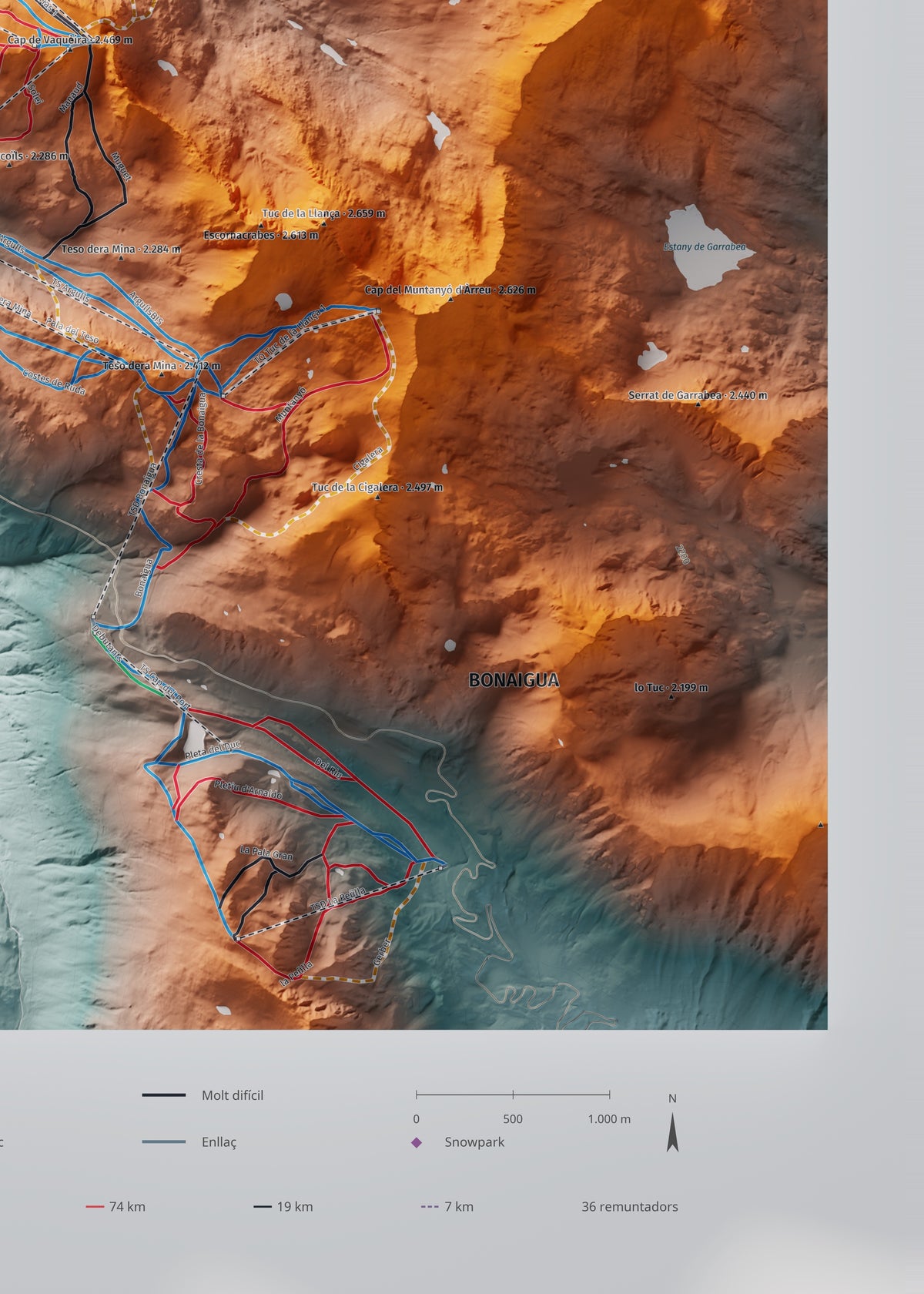 Mapa de pistas de Baqueira Beret · Contrastado · 50 × 70 cm. Detalle del cuadrante inferior derecho.