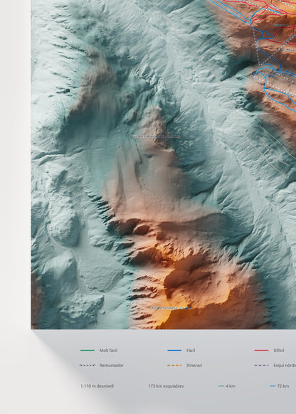 Mapa de pistas de Baqueira Beret · Contrastado · 50 × 70 cm. Detalle del cuadrante inferior izquierdo.