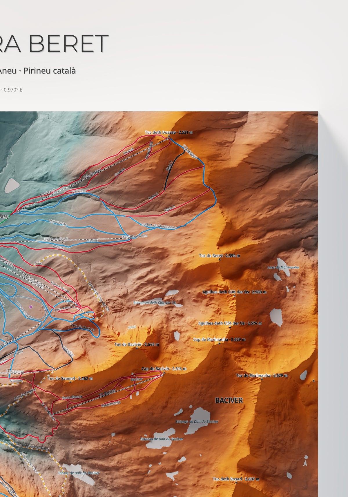 Mapa de pistas de Baqueira Beret · Contrastado · 70 × 100 cm. Detalle del cuadrante superior derecho.