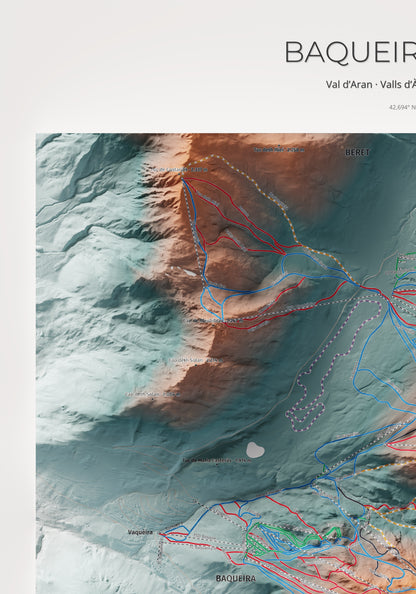 Mapa de pistas de Baqueira Beret · Contrastado · 70 × 100 cm. Detalle del cuadrante superior izquierdo.