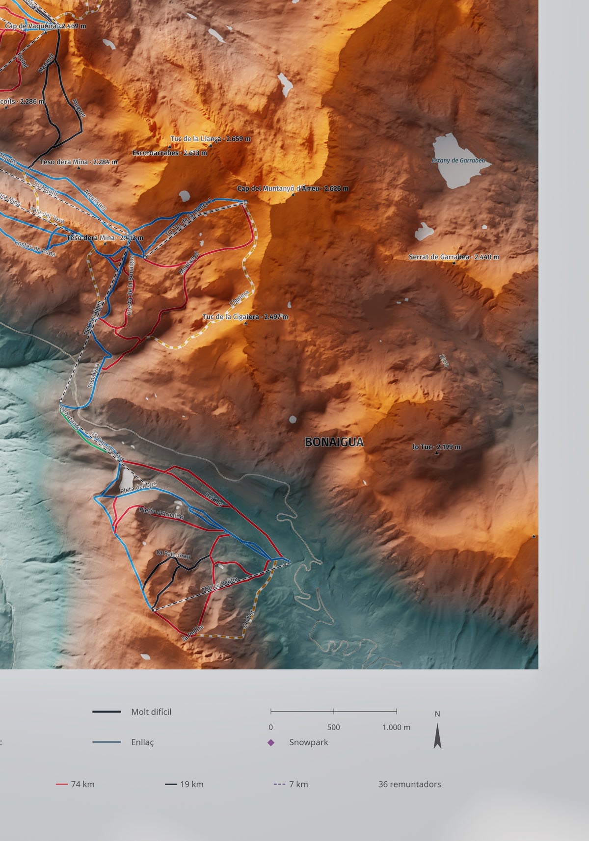 Mapa de pistas de Baqueira Beret · Contrastado · 70 × 100 cm. Detalle del cuadrante inferior derecho.