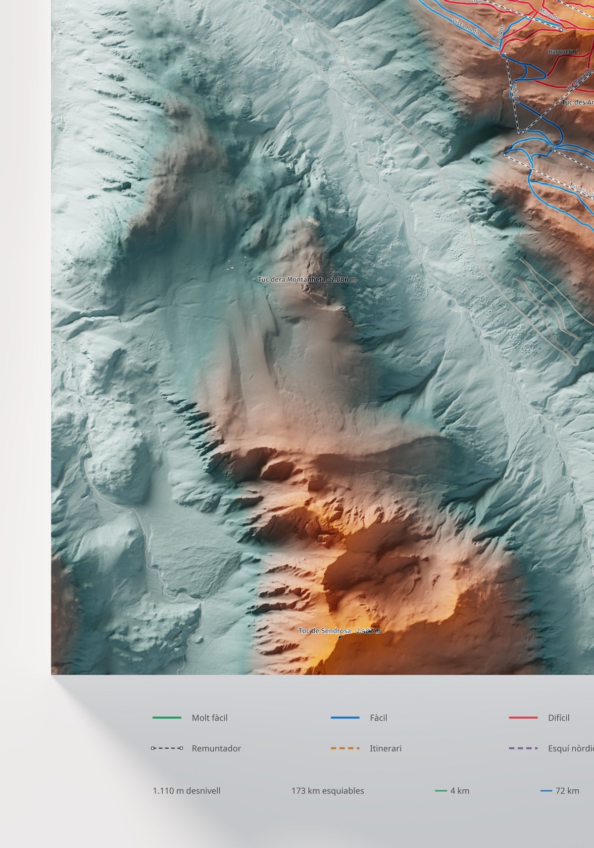 Mapa de pistas de Baqueira Beret · Contrastado · 70 × 100 cm. Detalle del cuadrante inferior izquierdo.