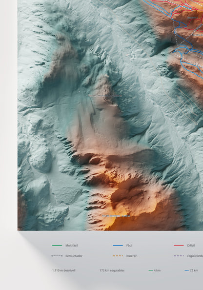 Mapa de pistas de Baqueira Beret · Contrastado · 70 × 100 cm. Detalle del cuadrante inferior izquierdo.