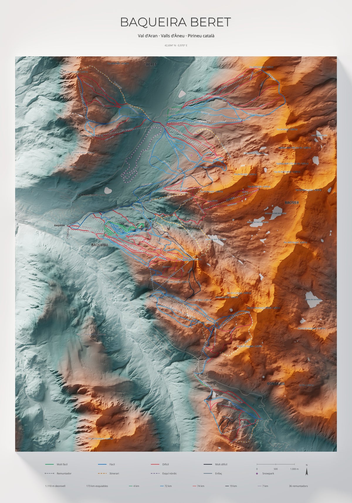 Mapa de pistas de Baqueira Beret · Contrastado · 70 × 100 cm. Lámina completa.