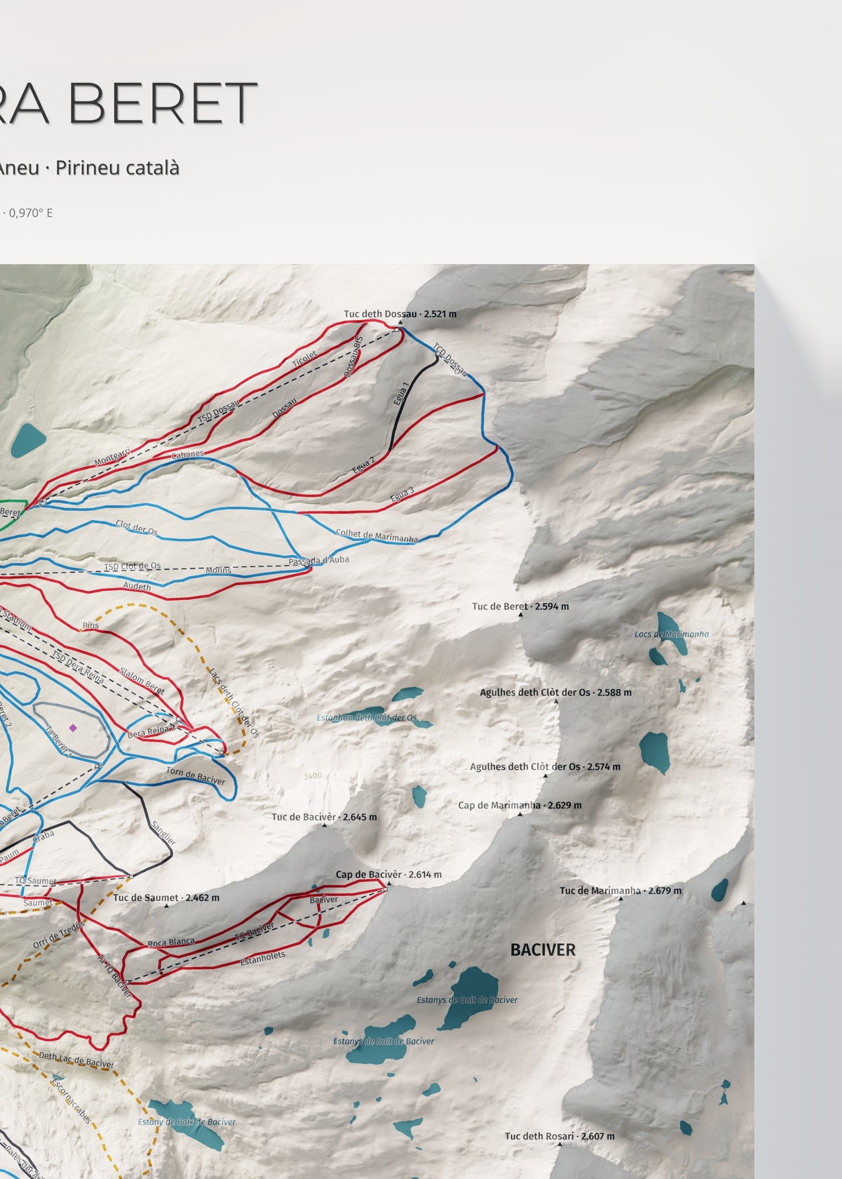 Mapa de pistas de Baqueira Beret · Cartográfico · 50 × 70 cm. Detalle del cuadrante superior derecho.