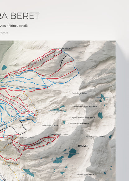Mapa de pistas de Baqueira Beret · Cartográfico · 50 × 70 cm. Detalle del cuadrante superior derecho.
