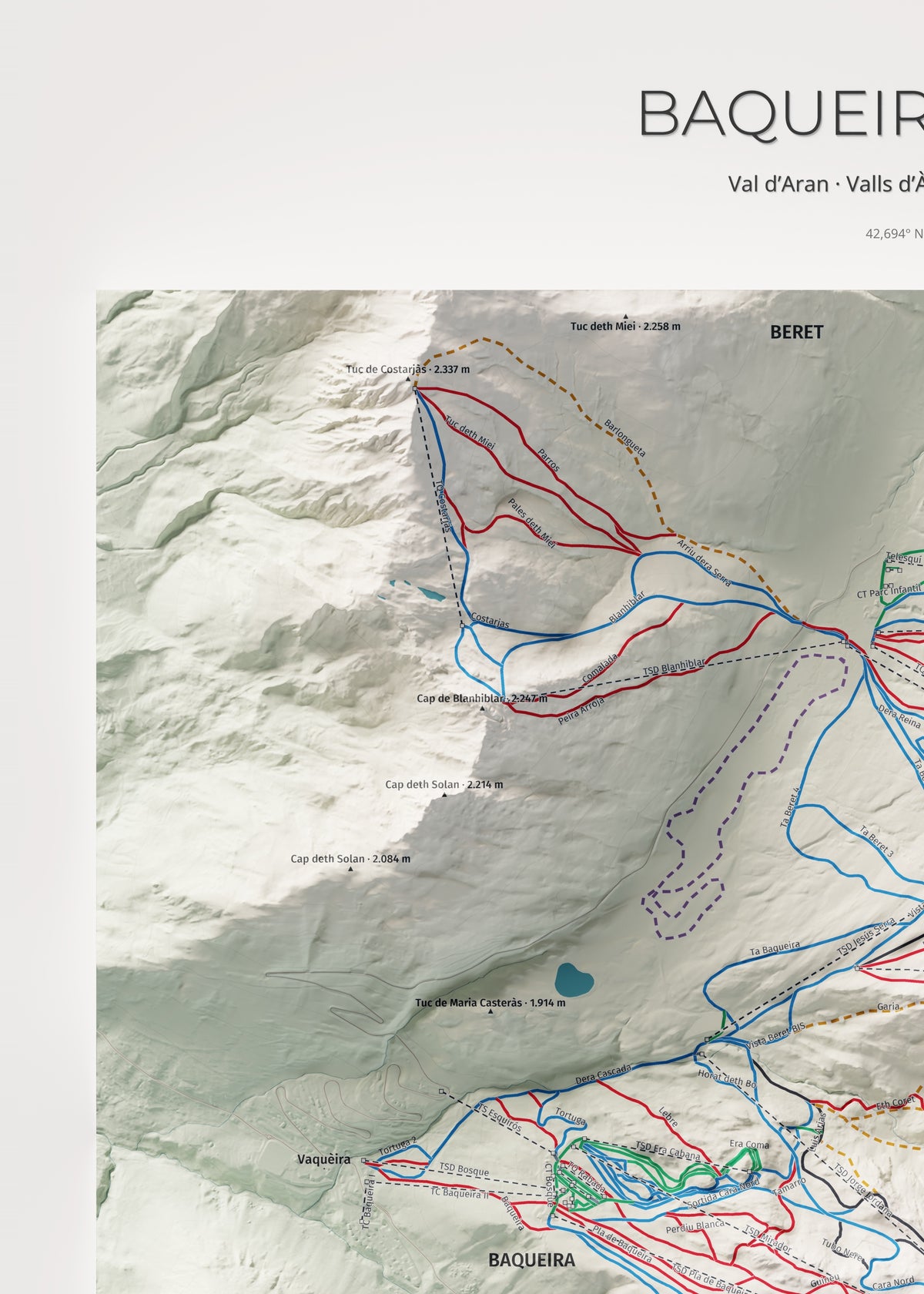 Mapa de pistas de Baqueira Beret · Cartográfico · 50 × 70 cm. Detalle del cuadrante superior izquierdo.