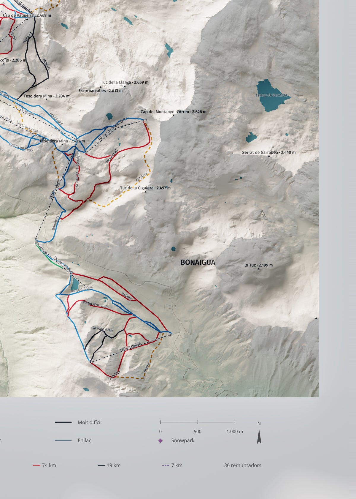 Mapa de pistas de Baqueira Beret · Cartográfico · 50 × 70 cm. Detalle del cuadrante inferior derecho.