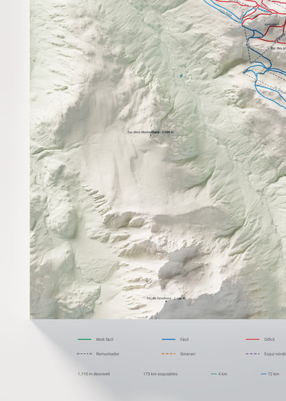 Mapa de pistas de Baqueira Beret · Cartográfico · 50 × 70 cm. Detalle del cuadrante inferior izquierdo.