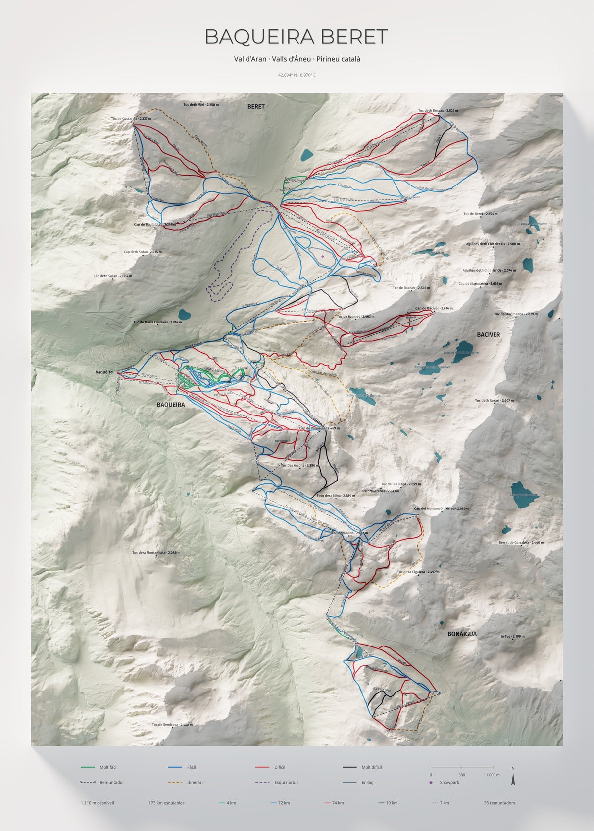 Mapa de pistas de Baqueira Beret · Cartográfico · 50 × 70 cm. Lámina completa.