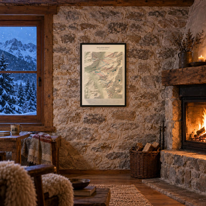 Mapa de pistas de Baqueira Beret · Cartográfico · 50 × 70 cm. Lámina enmarcada en la pared de piedra de un refugio con chimenea.