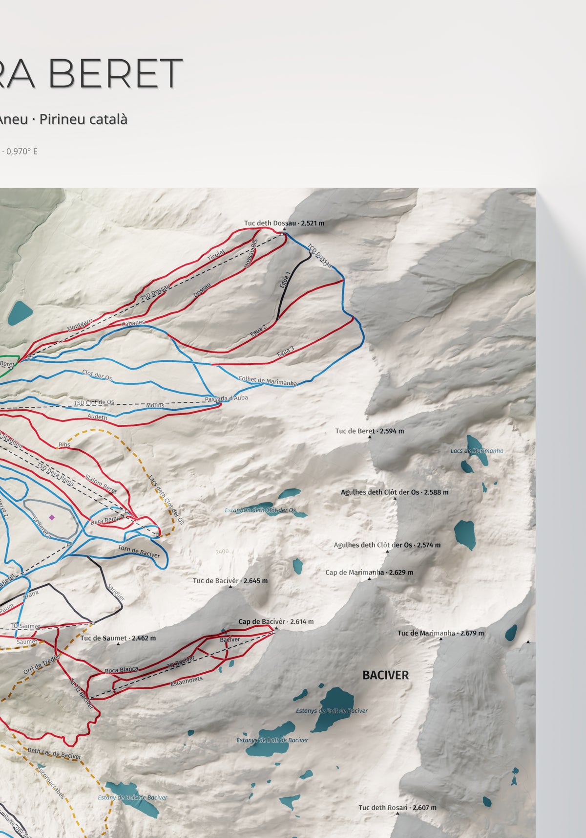Mapa de pistas de Baqueira Beret · Cartográfico · 70 × 100 cm. Detalle del cuadrante superior derecho.
