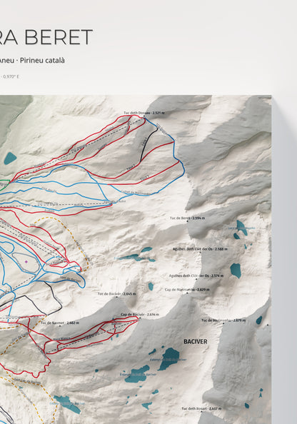 Mapa de pistas de Baqueira Beret · Cartográfico · 70 × 100 cm. Detalle del cuadrante superior derecho.