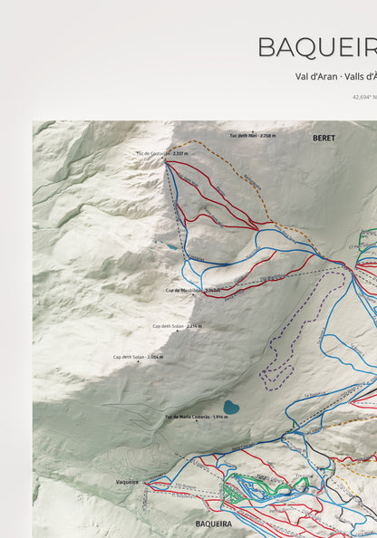 Mapa de pistas de Baqueira Beret · Cartográfico · 70 × 100 cm. Detalle del cuadrante superior izquierdo.