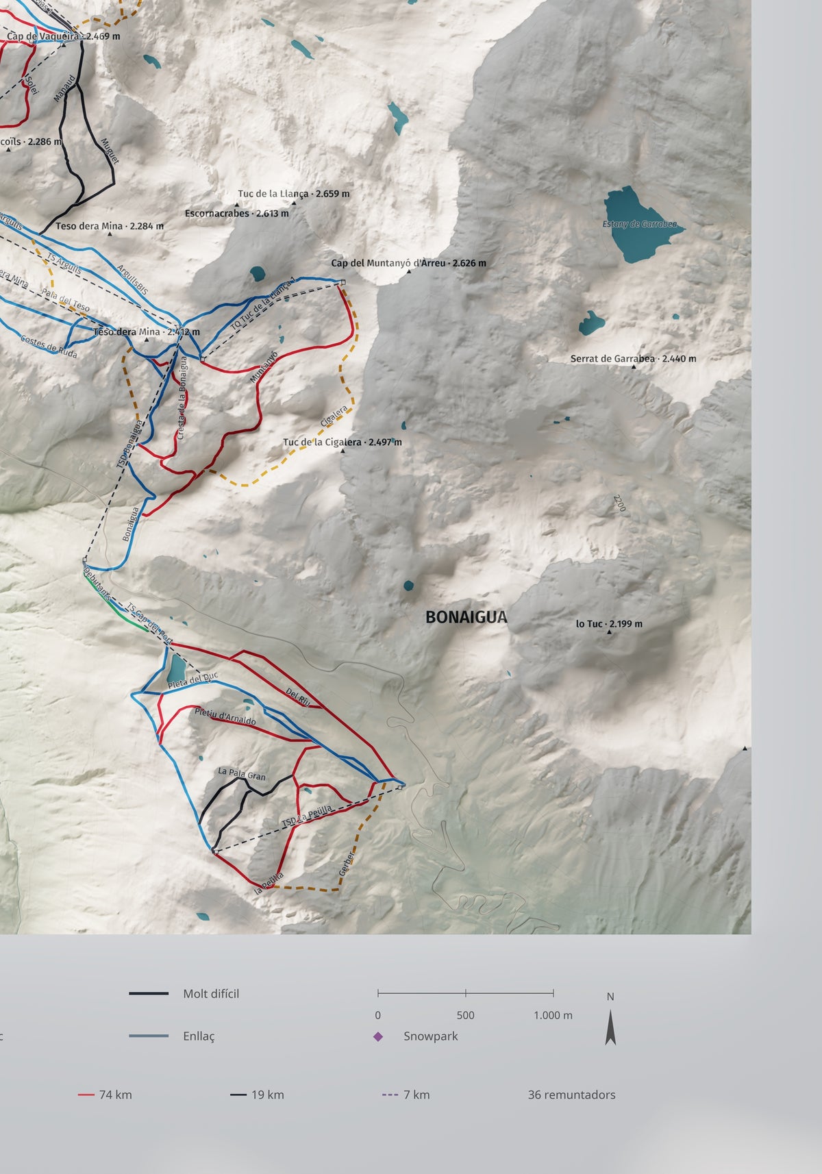 Mapa de pistas de Baqueira Beret · Cartográfico · 70 × 100 cm. Detalle del cuadrante inferior derecho.