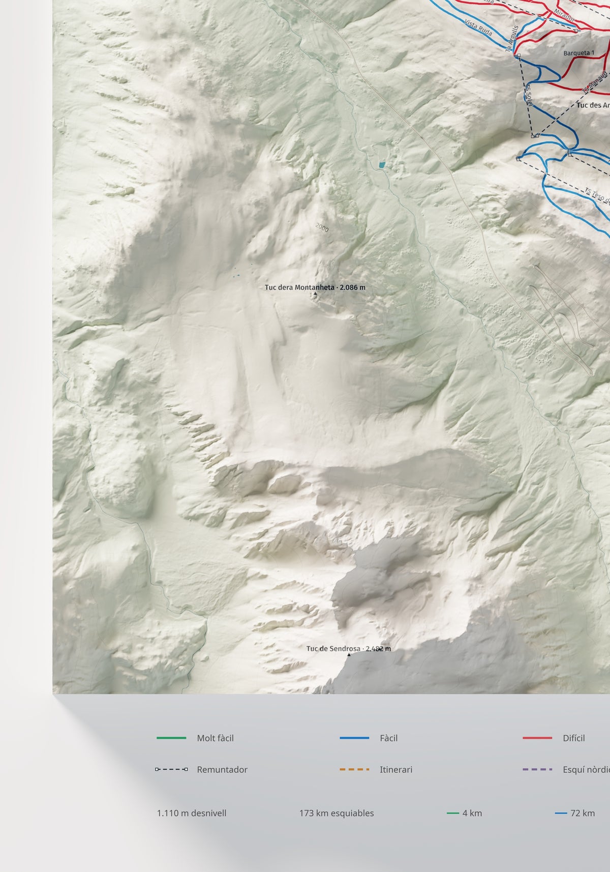 Mapa de pistas de Baqueira Beret · Cartográfico · 70 × 100 cm. Detalle del cuadrante inferior izquierdo.