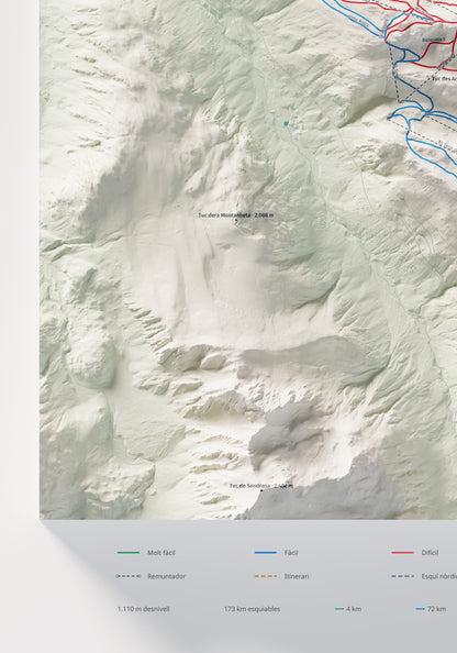 Mapa de pistas de Baqueira Beret · Cartográfico · 70 × 100 cm. Detalle del cuadrante inferior izquierdo.