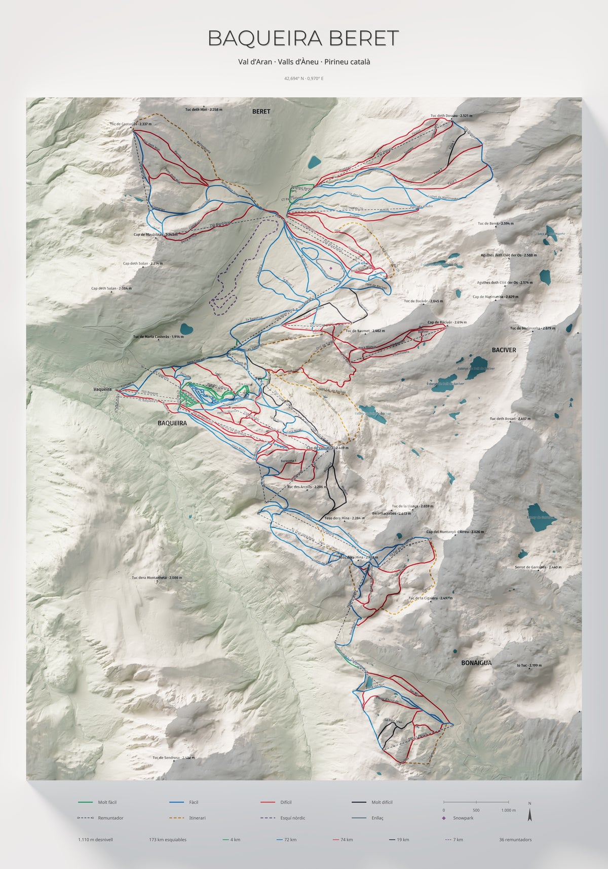 Mapa de pistas de Baqueira Beret · Cartográfico · 70 × 100 cm. Lámina completa.