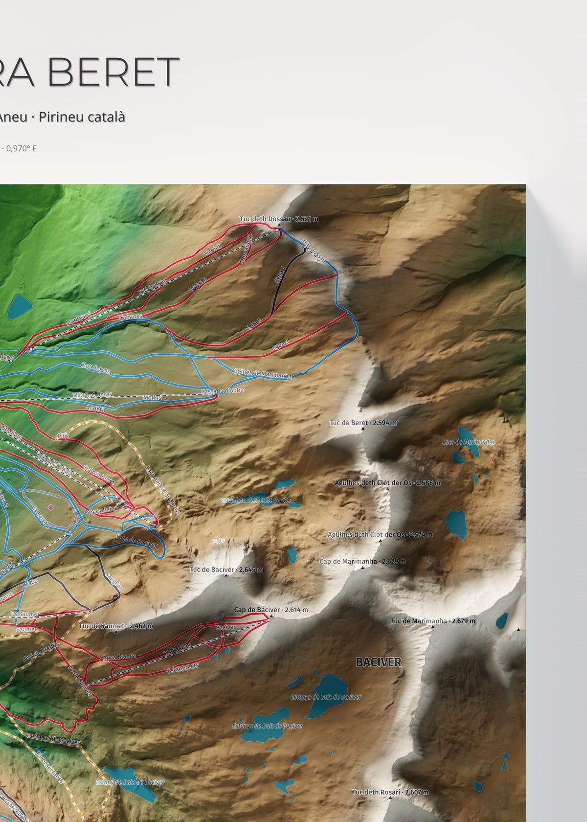Mapa de pistas de Baqueira Beret · Clásico · 50 × 70 cm. Detalle del cuadrante superior derecho.