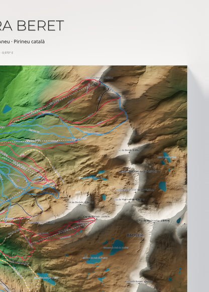 Mapa de pistas de Baqueira Beret · Clásico · 50 × 70 cm. Detalle del cuadrante superior derecho.