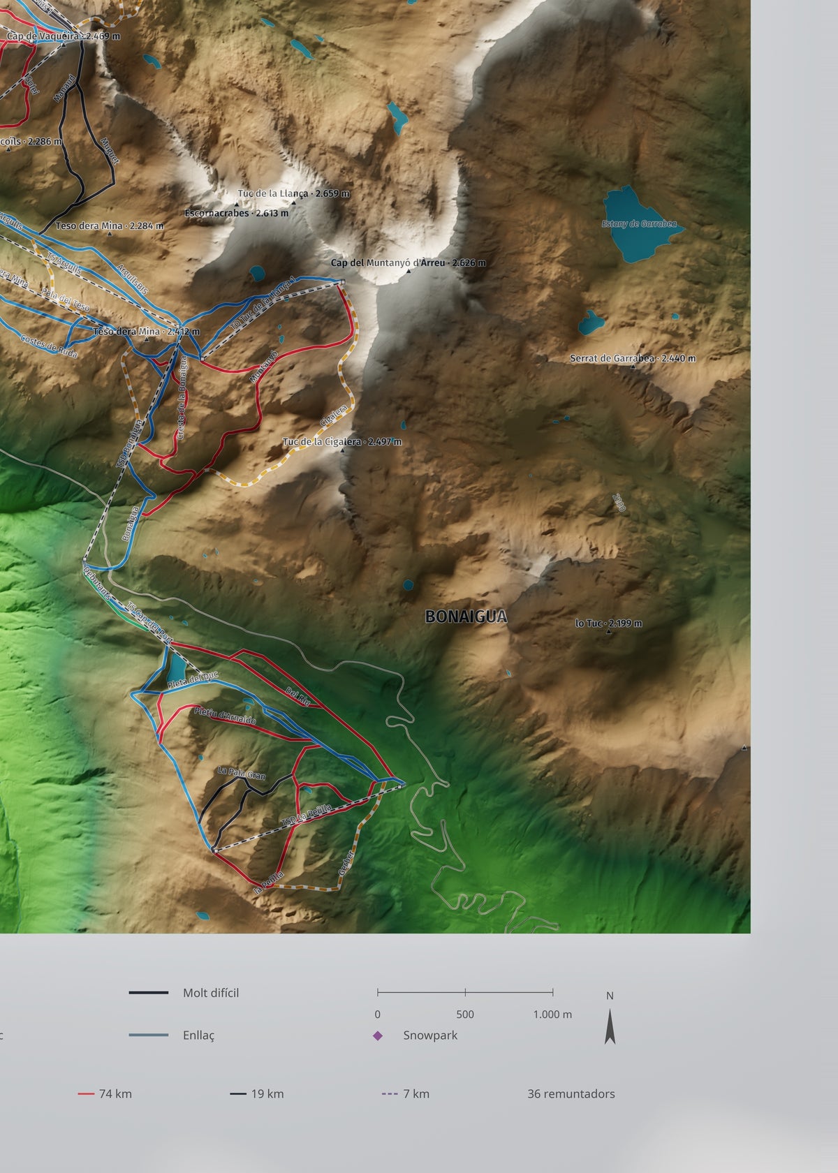 Mapa de pistas de Baqueira Beret · Clásico · 50 × 70 cm. Detalle del cuadrante inferior derecho.