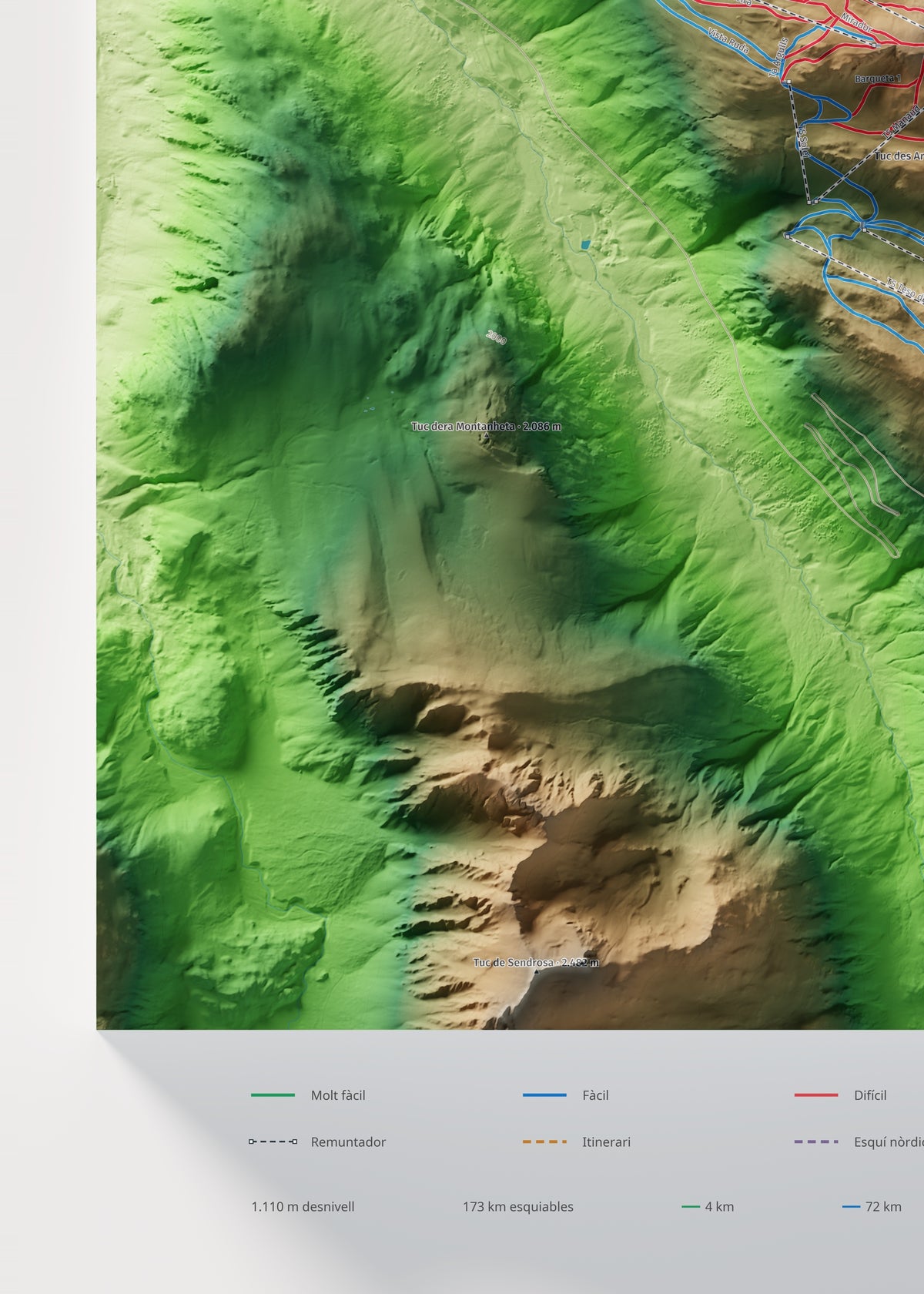 Mapa de pistas de Baqueira Beret · Clásico · 50 × 70 cm. Detalle del cuadrante inferior izquierdo.