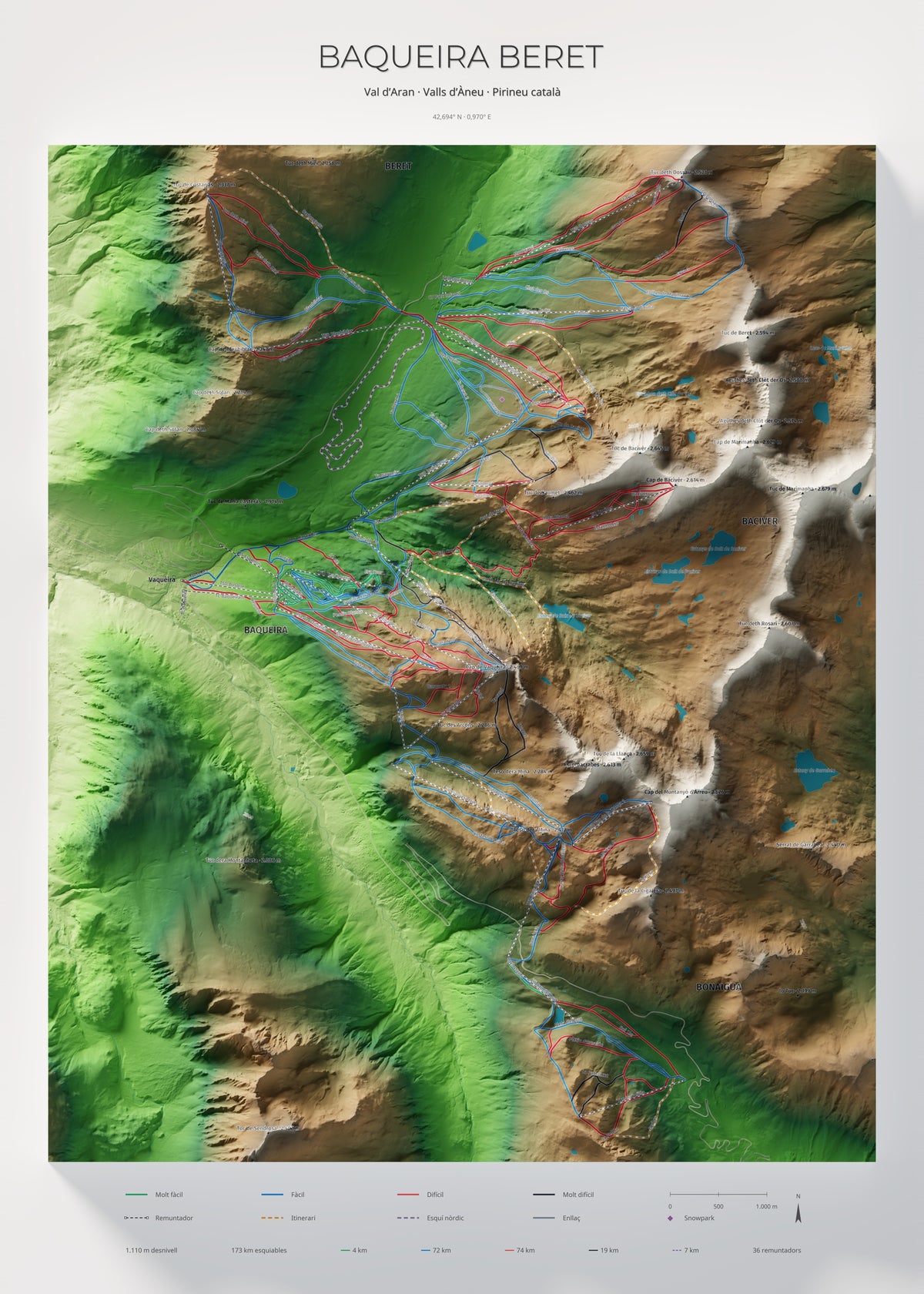 Mapa de pistas de Baqueira Beret · Clásico · 50 × 70 cm. Lámina completa.