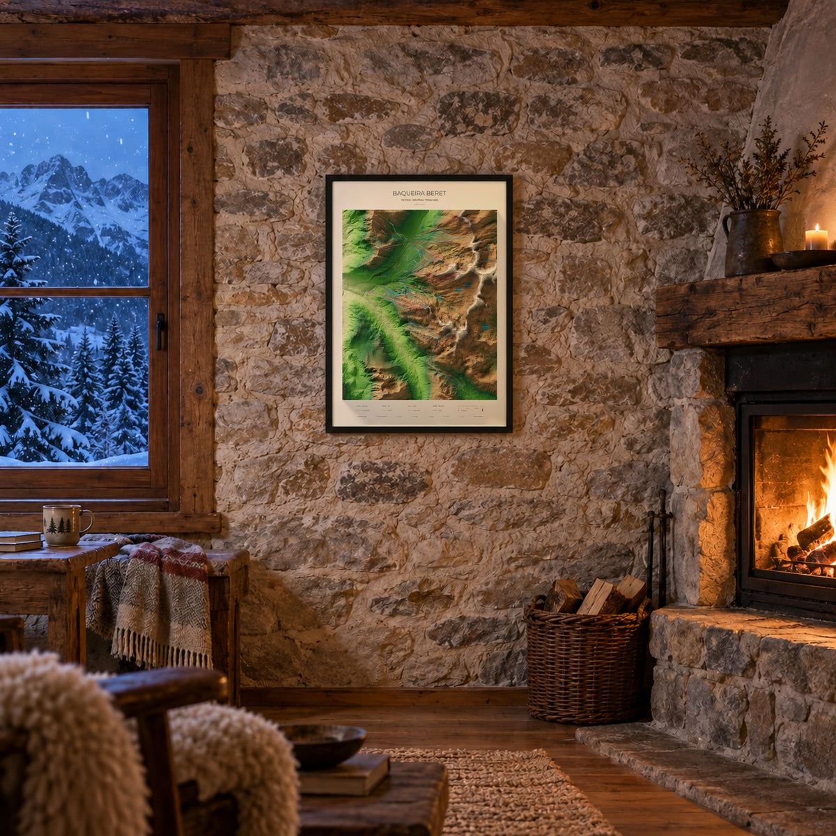 Mapa de pistas de Baqueira Beret · Clásico · 50 × 70 cm. Lámina enmarcada en la pared de piedra de un refugio con chimenea.