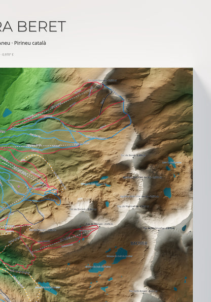 Mapa de pistas de Baqueira Beret · Clásico · 70 × 100 cm. Detalle del cuadrante superior derecho.