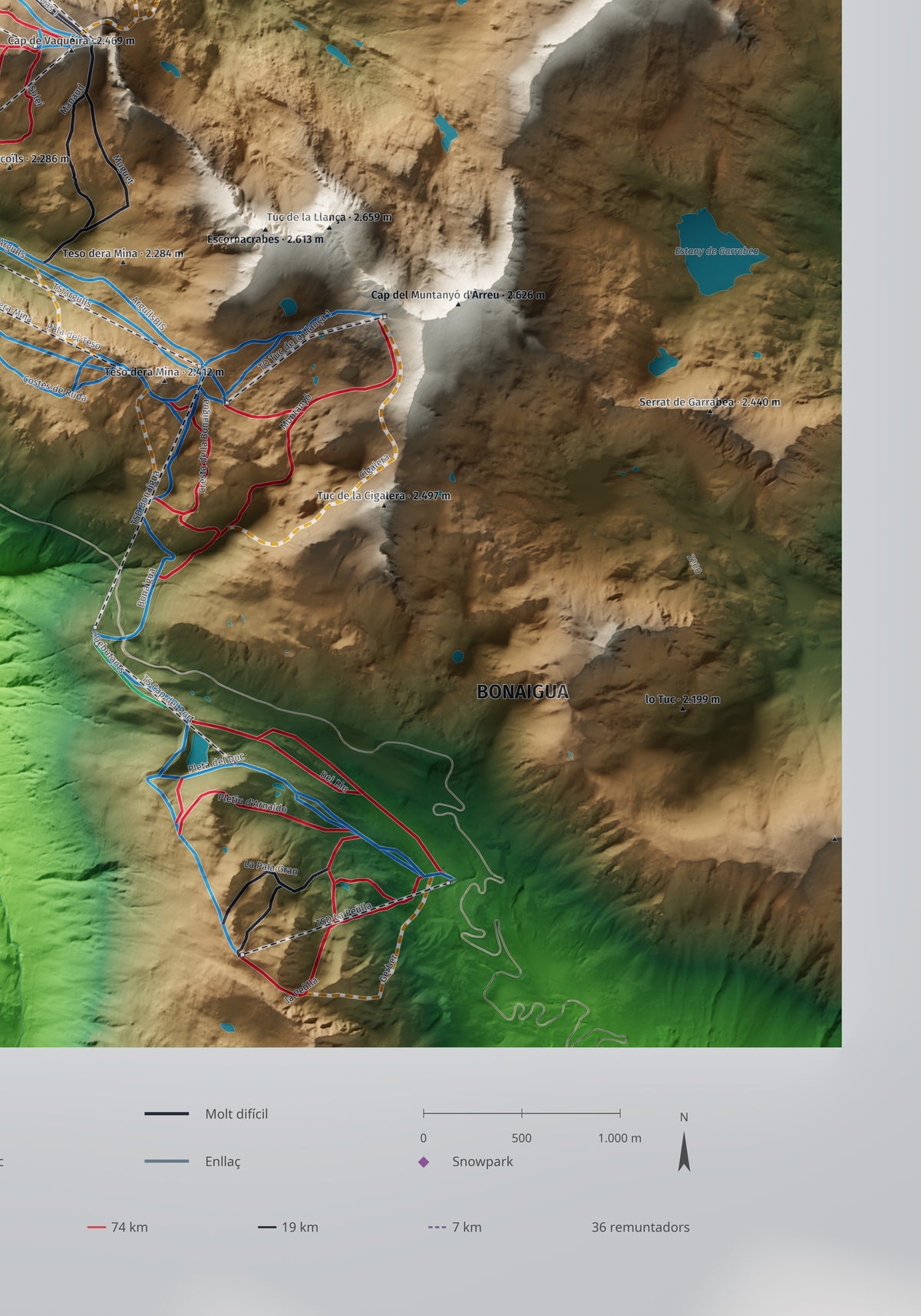 Mapa de pistas de Baqueira Beret · Clásico · 70 × 100 cm. Detalle del cuadrante inferior derecho.