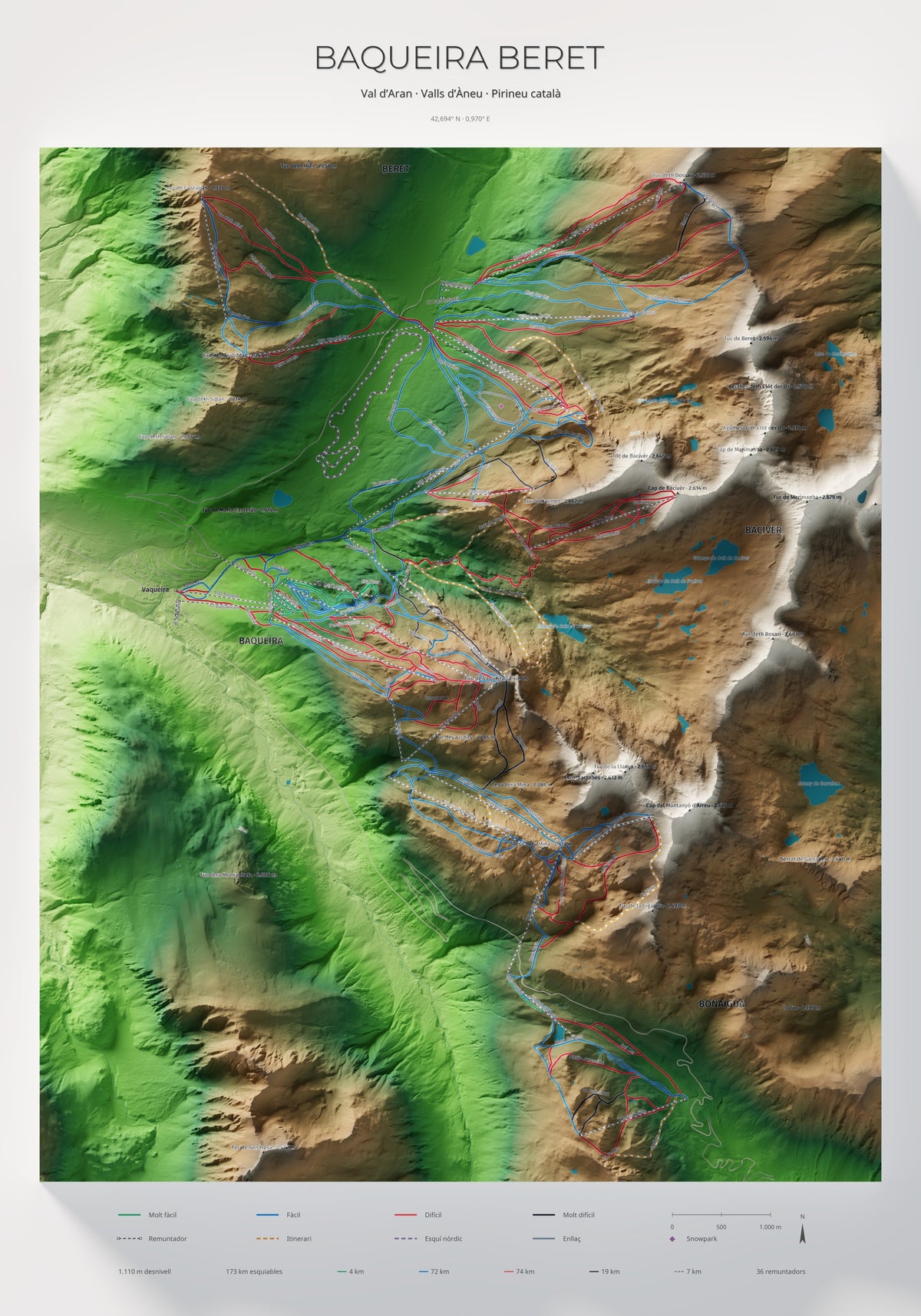 Mapa de pistas de Baqueira Beret · Clásico · 70 × 100 cm. Lámina completa.