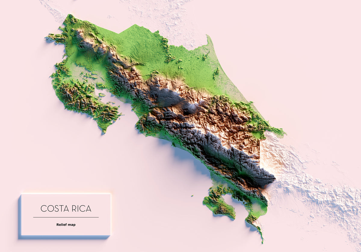 Costa Rica: vista completa de la il·lustració del mapa en relleu.