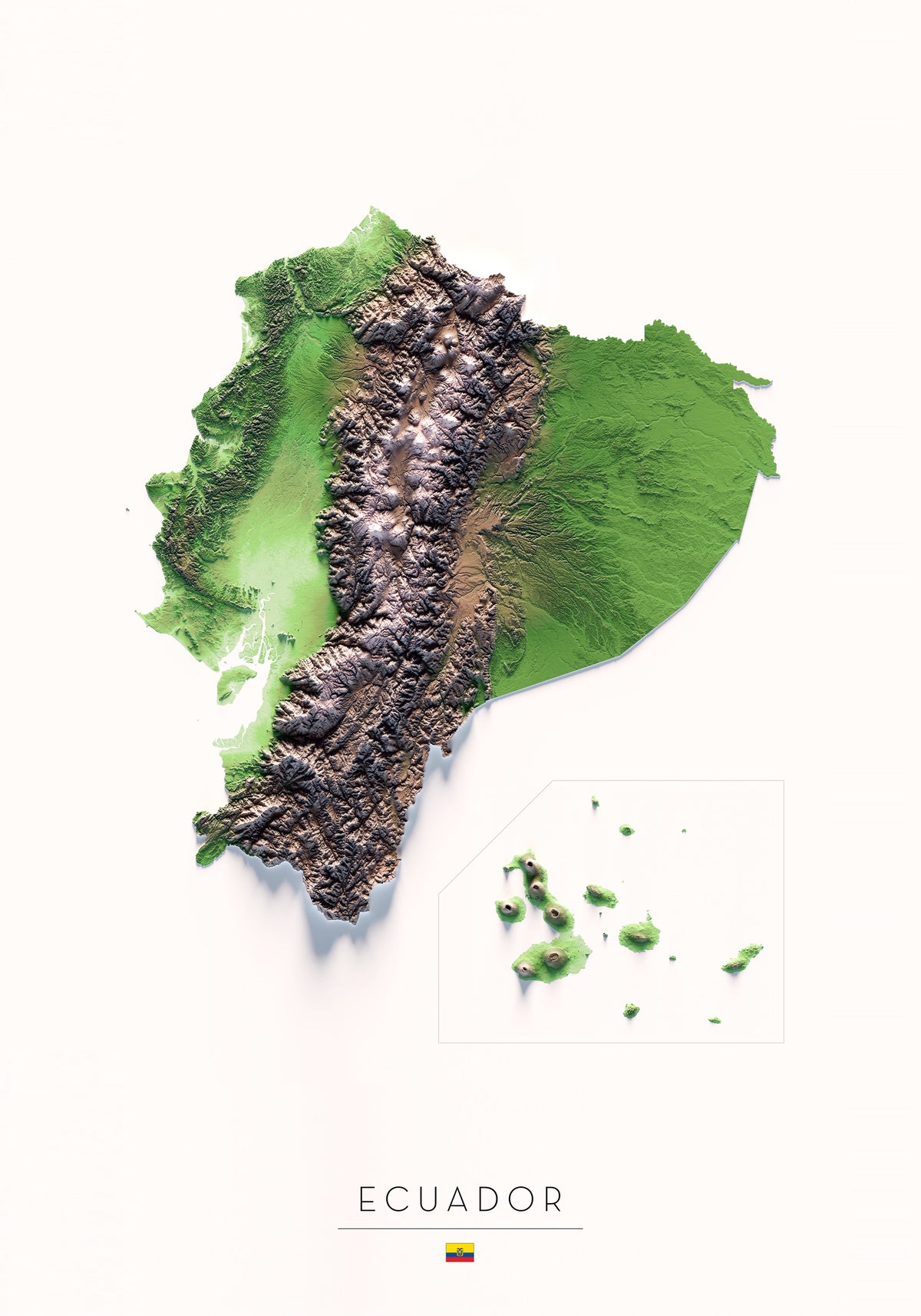Ecuador: vista completa de la ilustración del mapa de relieve.